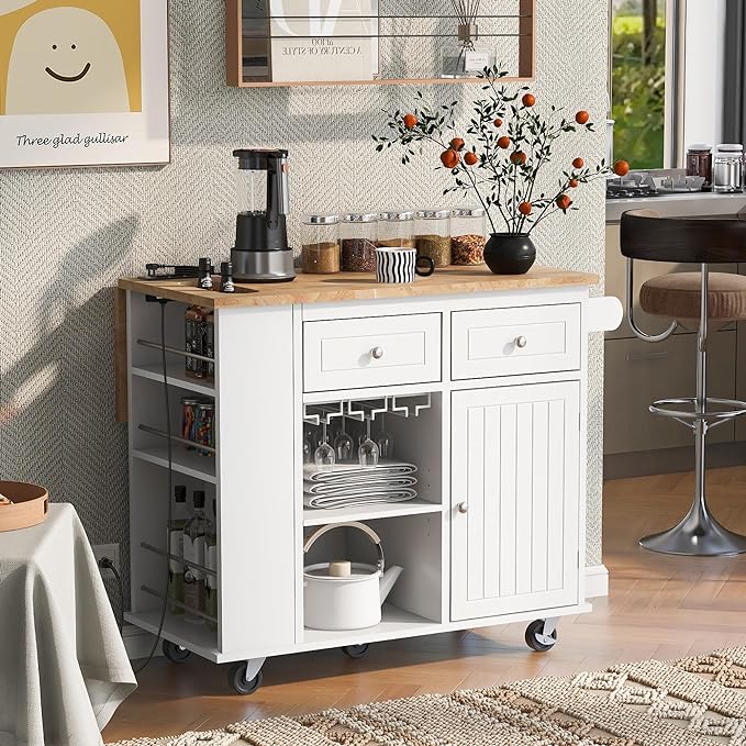 Kitchen Island Drop Leaf & Power Outlet, Mobile Cart w/Open Storage Wine Rack, Lockable Universal Wheels and Unfolded Tabletop, for Home, Dining Room, White, 39.8 Inch - LeafyLoom