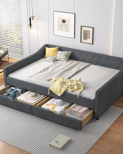 Full Size Daybed with Storage Upholstered Day Bed frame with Drawers & Button Tufted Backrest,for Living Room Bedroom,Wood Slat Support,No Box Spring Needed,Dark Grey - LeafyLoom