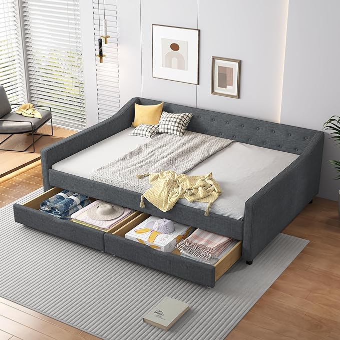 Full Size Daybed with Storage Upholstered Day Bed frame with Drawers & Button Tufted Backrest,for Living Room Bedroom,Wood Slat Support,No Box Spring Needed,Dark Grey - LeafyLoom