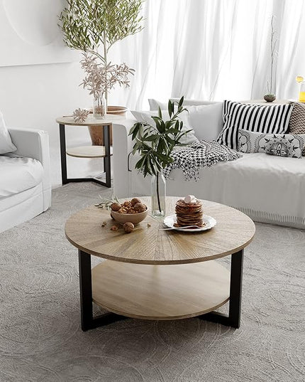 33.5" Round Coffee Table with 2-Tier Storage, Farmhouse Living Room Cocktail Table with Black Metal Leg, Solid Wood Industrial Sofa Center Table,Easy Assembly, Rustic Natural KFZ1338 - LeafyLoom