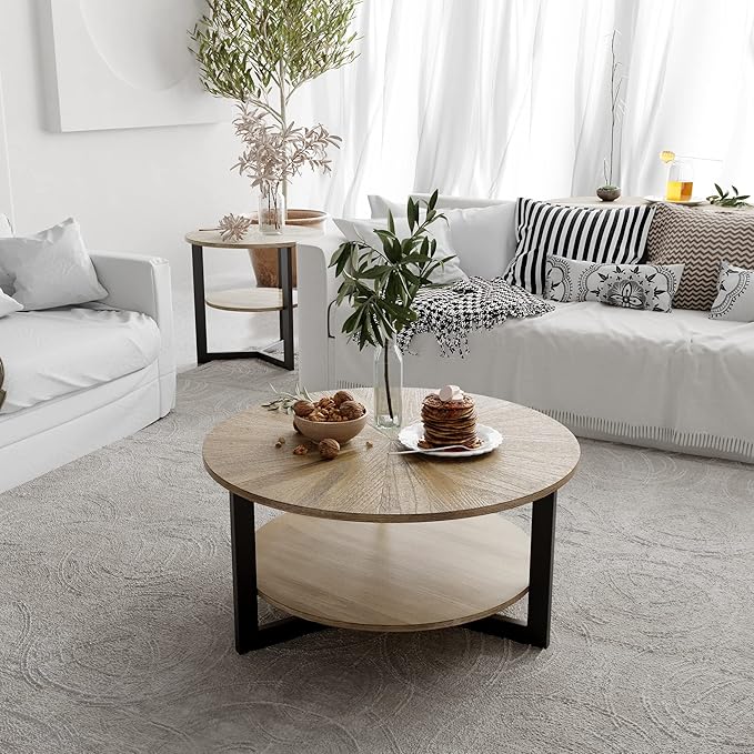 33.5" Round Coffee Table with 2-Tier Storage, Farmhouse Living Room Cocktail Table with Black Metal Leg, Solid Wood Industrial Sofa Center Table,Easy Assembly, Rustic Natural KFZ1338 - LeafyLoom