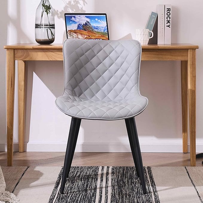 YOUTASTE Grey Dining Chairs Set of 2 Mid Century Modern PU Leather Diamond Upholstered Accent Guest Dinner Chair with Back Metal Legs for Kitchen Living Reception Waiting Room - LeafyLoom