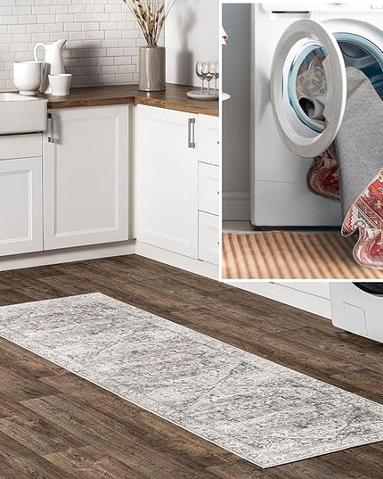 nuLOOM 2x6 Machine Washable Rain Haven Vintage Medallion Area Rug, Grey, Traditional Faded Design, Non-Slip Backing, Stain Resistant, For Bedroom, Dining Room, Living Room, Kitchen - LeafyLoom