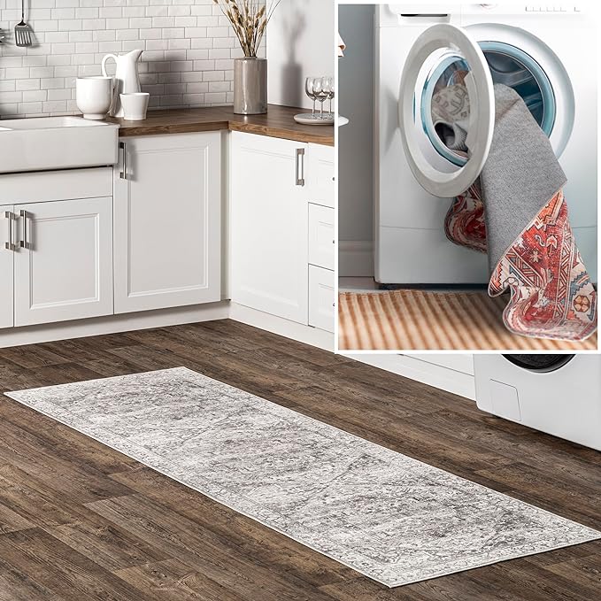 nuLOOM 2x6 Machine Washable Rain Haven Vintage Medallion Area Rug, Grey, Traditional Faded Design, Non-Slip Backing, Stain Resistant, For Bedroom, Dining Room, Living Room, Kitchen - LeafyLoom