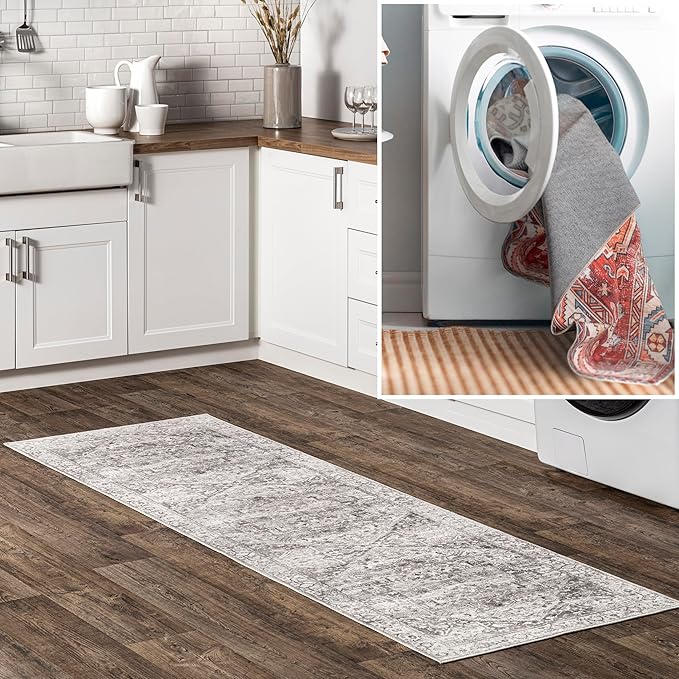 nuLOOM 2x8 Machine Washable Rain Haven Vintage Medallion Area Rug, Grey, Traditional Faded Design, Non-Slip Backing, Stain Resistant, For Bedroom, Dining Room, Living Room, Kitchen - LeafyLoom