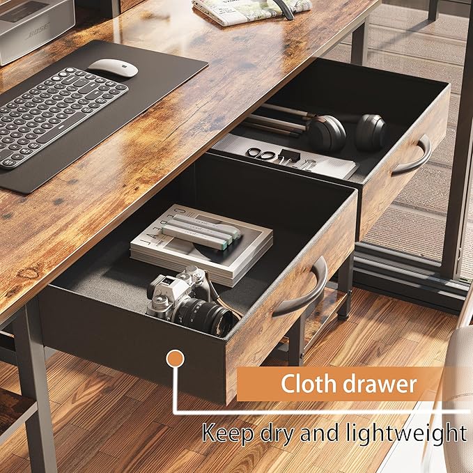 Treesland 55 Inch Computer Desk with Monitor Shelf, 24" Deep, Home Office Desks with Storage, Office Desk with 4 Drawers, Work Desk, Study Writing Desk, Desk with Drawers, Brown - LeafyLoom