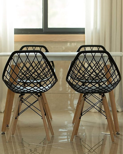 Mid-Century Modern Style Plastic DSW Shell Dining Chair with Lattice Back and Wooden Dowel Eiffel Legs, Black - LeafyLoom