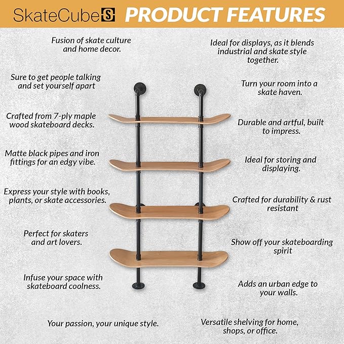 Industrial Shelves - 4 Tier Industrial Decor Pipe Bookcase Using 7 Ply Skateboard Decks - Natural Wood Stain Finish - Perfect Bathroom Wall Decor, Book Shelf for Skateboard Enthusiasts - LeafyLoom