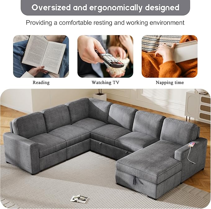 116.5" U-Shaped Corduroy Modular Sectional Storage Chaise and Pulled Out Bed, 6-Seater Oversized Corner Sofa w/USB Interfaces for Living Room, Office, Spacious Space, Gray, 116.5 Inch - LeafyLoom