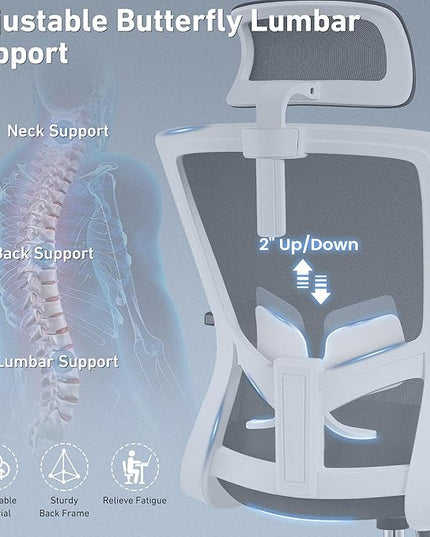 Office Chair, Ergonomic Desk Chair High Back Computer Chair Swivel Mesh Task Chair with Adjustable Lumbar Support Armrests Headrest White - LeafyLoom
