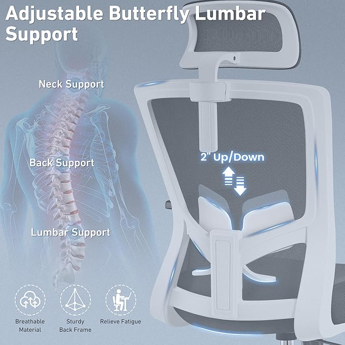 Office Chair, Ergonomic Desk Chair High Back Computer Chair Swivel Mesh Task Chair with Adjustable Lumbar Support Armrests Headrest White - LeafyLoom