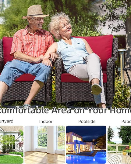 IDEALHOUSE 3 Pieces Outdoor Wicker Swivel Rocker Patio Set, 360-Degree Swivel Rocking Chair Elegant Wicker Patio Bistro Set with Tempered Glass Top Side Table (Rust Color) - LeafyLoom