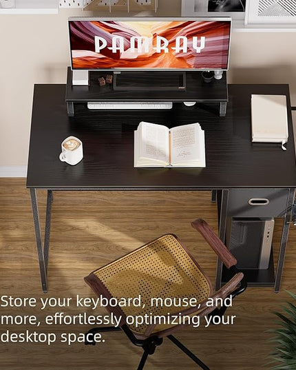 Pamray 39 Inch Computer Desk with Monitor Stand Small Home Office Desks with Non-woven Storage Drawer for Bedroom Study Table Writing and Work Desk White Marble - LeafyLoom