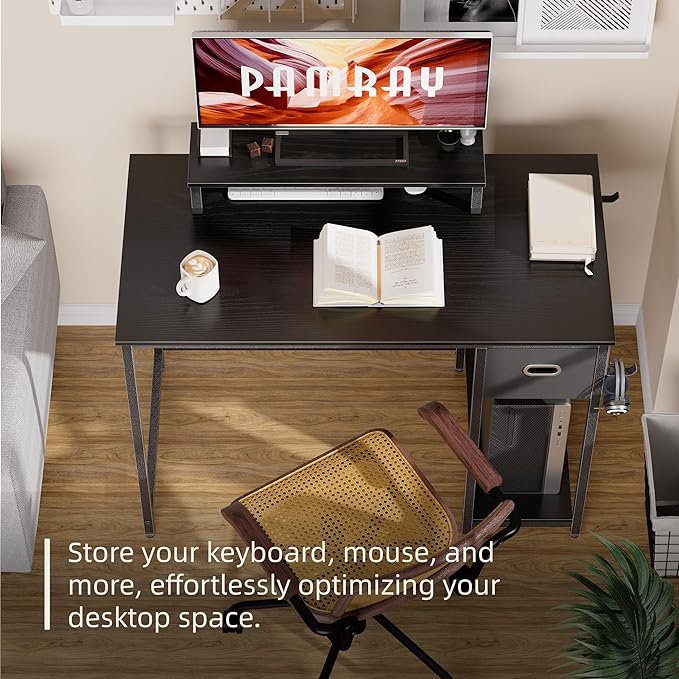 Pamray 39 Inch Computer Desk with Monitor Stand Small Home Office Desks with Non-woven Storage Drawer for Bedroom Study Table Writing and Work Desk White Marble - LeafyLoom