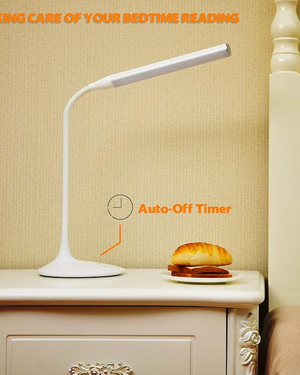 DAC LED Desk Lamp, Eye Care Table Lamp, 360 Degree Flexible Gooseneck, Continuously Dimmable, 3 Color Modes, Touch-Sensitive Control Panel, 40-Minute Auto Shut-Off Timer, White, 6W - LeafyLoom