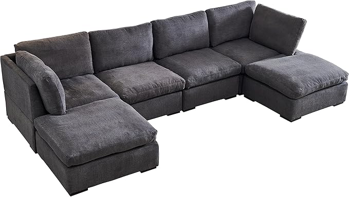 U Shaped Down Filled Oversized Cloud Couch with Double Chaise, Deep Seat Free Combination Convertible Corner Sectional Sofa Bed with Detachable Backrest and Wooden Legs for Living Room Office - LeafyLoom
