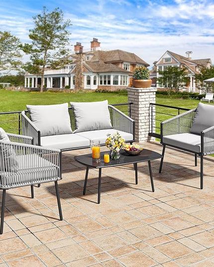 YITAHOME 4-Piece Patio Furniture Outdoor Bistro Set, All Weather Double Gray Rope Conversation Loveseat for Backyard, Balcony, Deck with Soft Cushions and Metal Table (Gray) - LeafyLoom