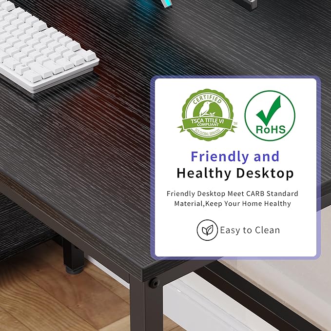 Computer Desk, 48 inches desk with 2 Shelves, Home Office Desk with USB/Type-C Charging Ports & Power Outlets, Study Table for Adults, Black - LeafyLoom
