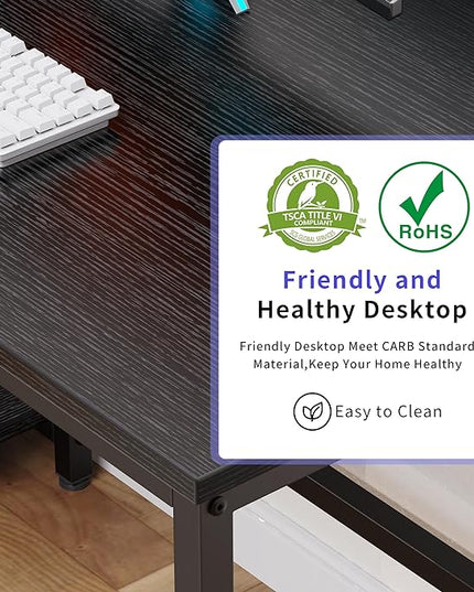 Computer Desk, 55 inches desk with 2 Shelves, Home Office Desk with USB/Type-C Charging Ports & Power Outlets, Study Table for Adults, Black - LeafyLoom