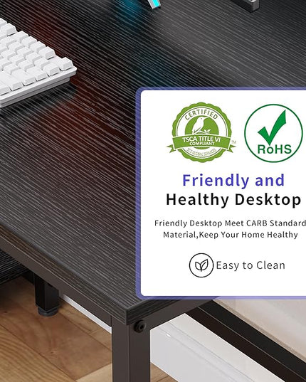 Computer Desk, 60 inches desk with 2 Shelves, Home Office Desk with USB/Type-C Charging Ports & Power Outlets, Study Table for Adults, Black - LeafyLoom