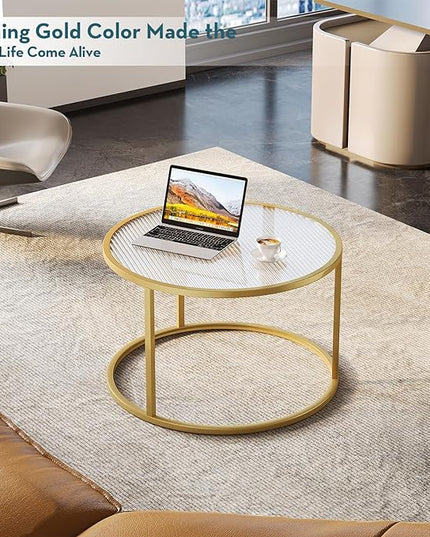 SAYGOER Modern Coffee Table Round Glass Coffee Tables for Large or Small Space Unique Art Center Table for Living Room Home Office with Gold Metal Frame, Easy Assembly - LeafyLoom