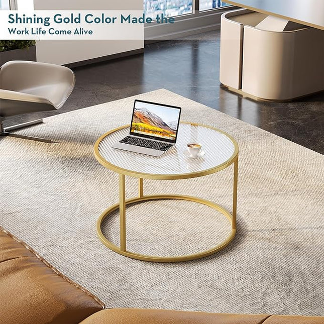 SAYGOER Modern Coffee Table Round Glass Coffee Tables for Large or Small Space Unique Art Center Table for Living Room Home Office with Gold Metal Frame, Easy Assembly - LeafyLoom