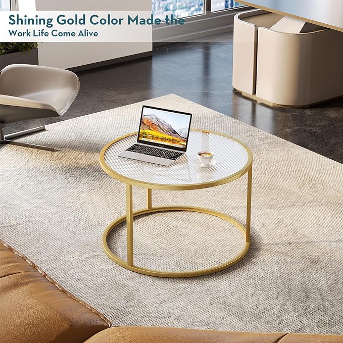 SAYGOER Modern Coffee Table Round Glass Coffee Tables for Large or Small Space Unique Art Center Table for Living Room Home Office with Gold Metal Frame, Easy Assembly - LeafyLoom
