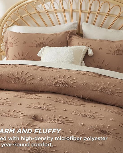 Bedsure King Size Comforter Set Taupe, Boho Tufted Bedding Comforter Set, Farmhouse Jacquard Solar Pattern Bed Set, 3 Pieces, 1 Shabby Chic Fluffy Comforter & 2 Pillow Shams - LeafyLoom