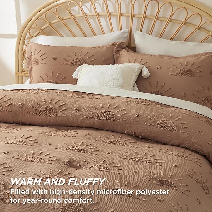 Bedsure King Size Comforter Set Taupe, Boho Tufted Bedding Comforter Set, Farmhouse Jacquard Solar Pattern Bed Set, 3 Pieces, 1 Shabby Chic Fluffy Comforter & 2 Pillow Shams - LeafyLoom