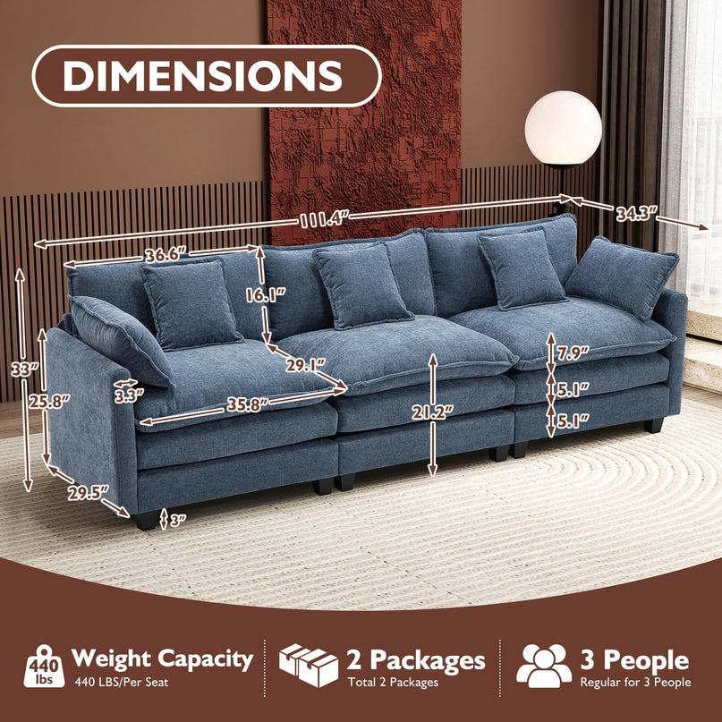 Ihanherry 111.4" L Shaped Modern Sofa Modular Sectional Cloud Couch with Ottoman, 4-Seat Chenille Deep Seat Sofa with Pillow for Living Room, Bedroom and Apartment, Beige LeafyLoom