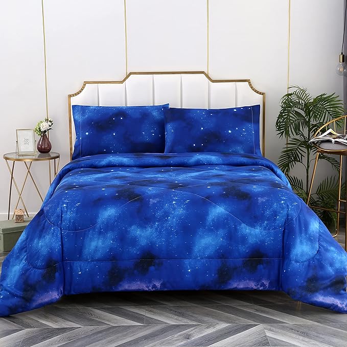 3PCS Blue Galaxy Twin Comforter Set, Bed in a Bag Space Twin Quilt Bedding Set, Hotel Luxury, Summer Cute Comforter Twin for Boys Girls Toddler Kids and Teens, Twin - LeafyLoom