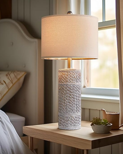 OYEARS 25.5 "Retro Farmhouse Table Lamps Set of 2 Woven Pattern Resin Bedside Lamps Classic Country Washed White Lamp for Bedroom Living Room Home Office - LeafyLoom