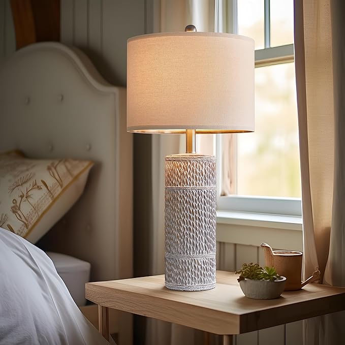 OYEARS 25.5 "Retro Farmhouse Table Lamps Set of 2 Woven Pattern Resin Bedside Lamps Classic Country Washed White Lamp for Bedroom Living Room Home Office - LeafyLoom