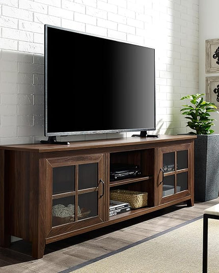 Walker Edison Portsmouth Classic 2 Glass Door Stand for TVs up to 80 Inches, 70 Inch, Dark Walnut - LeafyLoom