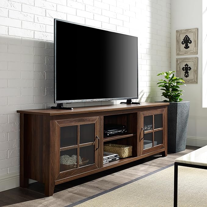 Walker Edison Portsmouth Classic 2 Glass Door Stand for TVs up to 80 Inches, 70 Inch, Dark Walnut - LeafyLoom
