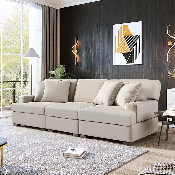 Wider 3 Seater Linen Upholstery Cushions Sofa Couch, Modern Deep Seat Sleeper Daybed Sofa&Couch with 4 Comfortable Pillows Perfect for Home Office Apartment Compact Living Room, 88.5", Grey-346 - LeafyLoom
