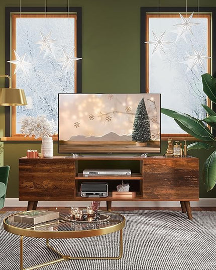 WLIVE TV Stand for 55 60 inch TV, Mid Century Modern TV Console, Entertainment Center with Storage for Living Room, Retro Brown - LeafyLoom