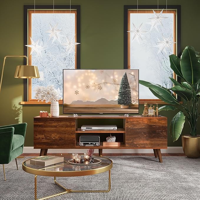 WLIVE TV Stand for 55 60 inch TV, Mid Century Modern TV Console, Entertainment Center with Storage for Living Room, Retro Brown - LeafyLoom