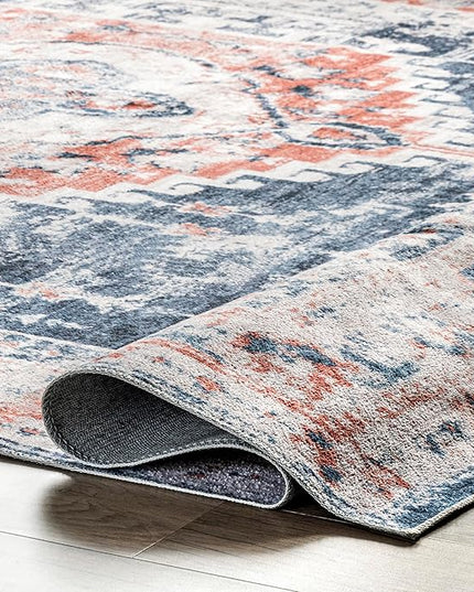nuLOOM Evette Traditional Medallion Machine Washable Ultra Thin Area Rug, 5' x 8', Navy - LeafyLoom