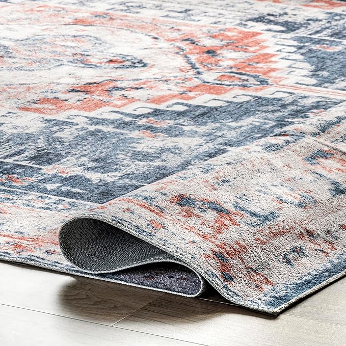 nuLOOM Evette Traditional Medallion Machine Washable Ultra Thin Area Rug, 5' x 8', Navy - LeafyLoom