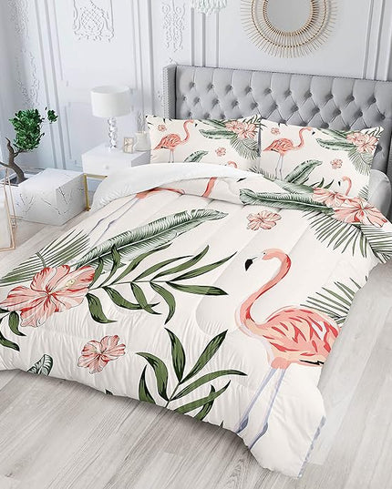 Flamingo Comforter Set Full Size Tropical Flamingo Palm Tree Leaf Pattern Bedding Set Flower Quilted Duvet for Kids Girls Boys Adult with 1 Comforter and 2 Pillowcases - LeafyLoom