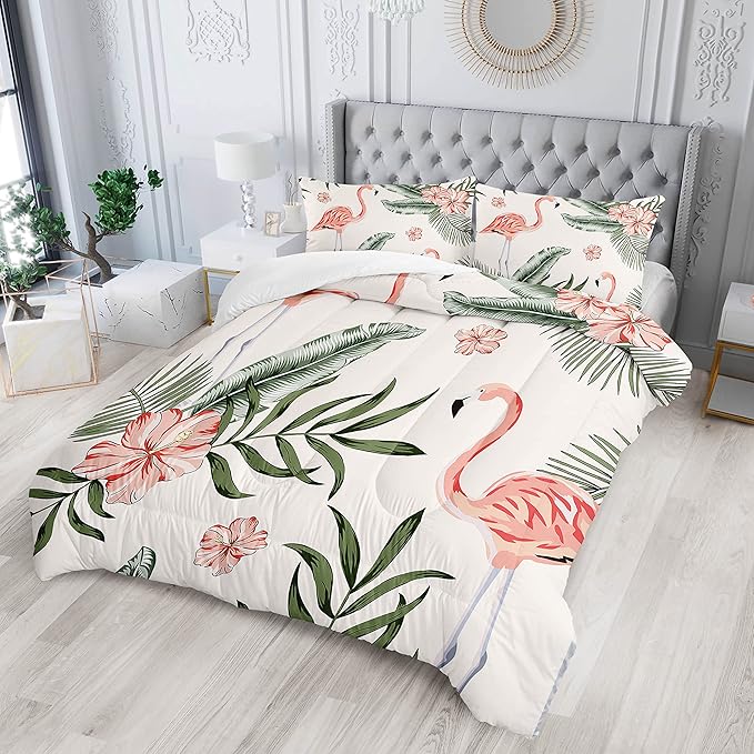 Flamingo Comforter Set Queen Size Tropical Flamingo Palm Tree Leaf Pattern Bedding Set Flower Quilted Duvet for Kids Girls Boys Adult with 1 Comforter and 2 Pillowcases - LeafyLoom