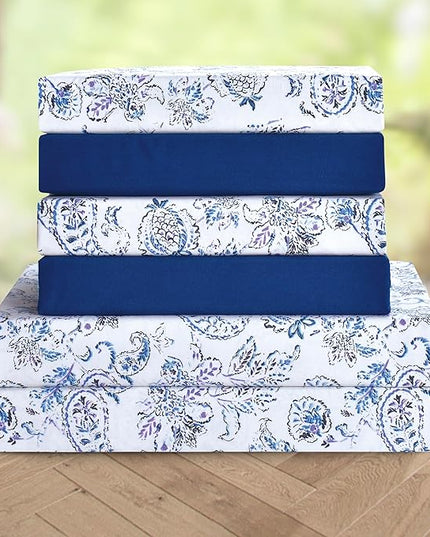 Elegant Comfort Softest and Coziest 6-Piece Sheet Set - 1500 Premium Hotel Quality Microfiber - Deep Pocket, Wrinkle Resistant 6-Piece Paisley Pattern Bed Sheet Set, Full, Paisley Indigo - LeafyLoom