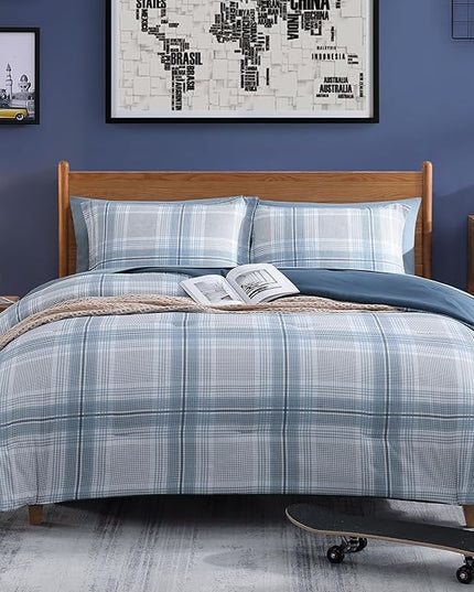 Blue King Size Comforter, Dorm Plaid Light Blue King Bedding Set Homestead-style King Size Bed Set for Bedroom (Light Blue,King,102"*90") - LeafyLoom