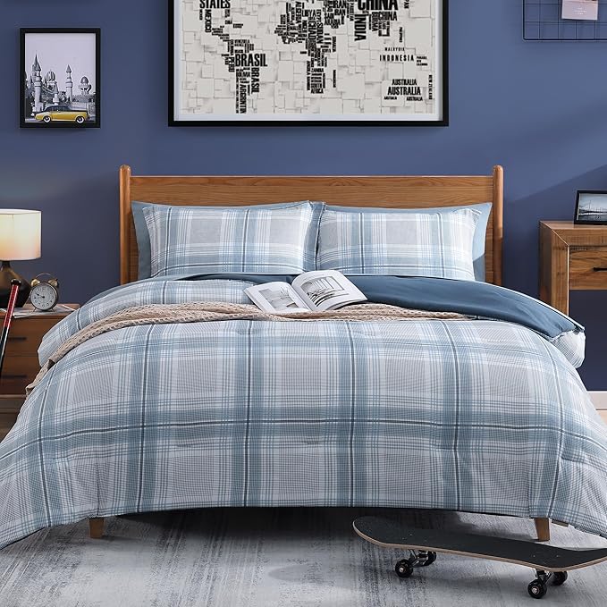 Blue King Size Comforter, Dorm Plaid Light Blue King Bedding Set Homestead-style King Size Bed Set for Bedroom (Light Blue,King,102"*90") - LeafyLoom