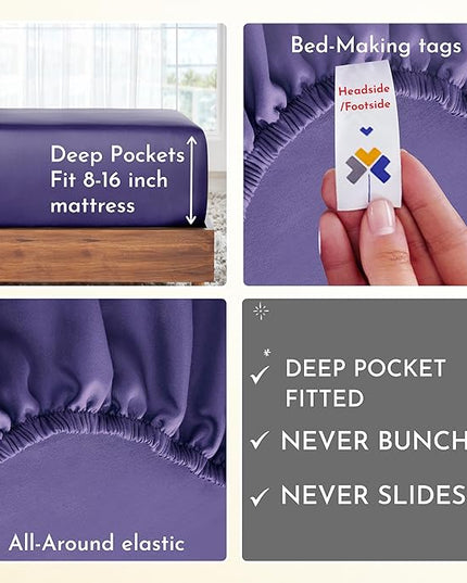 California Design Den 6-Pc King Size Sheet Set with 4 Pillowcases - Soft 400 Thread Count 100% Cotton Sheets, Cooling Sateen Weave, Luxury Deep Pocket Bedsheets Set - Dark Purple - LeafyLoom