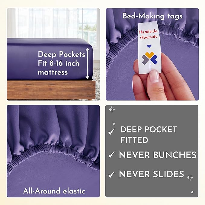 California Design Den 6-Pc King Size Sheet Set with 4 Pillowcases - Soft 400 Thread Count 100% Cotton Sheets, Cooling Sateen Weave, Luxury Deep Pocket Bedsheets Set - Dark Purple - LeafyLoom
