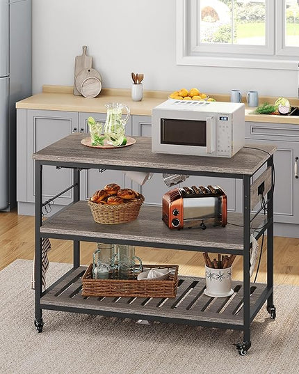 Yaheetech Kitchen Cart with Power Outlet, Rolling Kitchen Island on Wheels with Glass Holder & Hooks, Utility Trolley Cart Coffee Bar Microwave Stand Cart with Lockable Casters, Taupe Wood - LeafyLoom