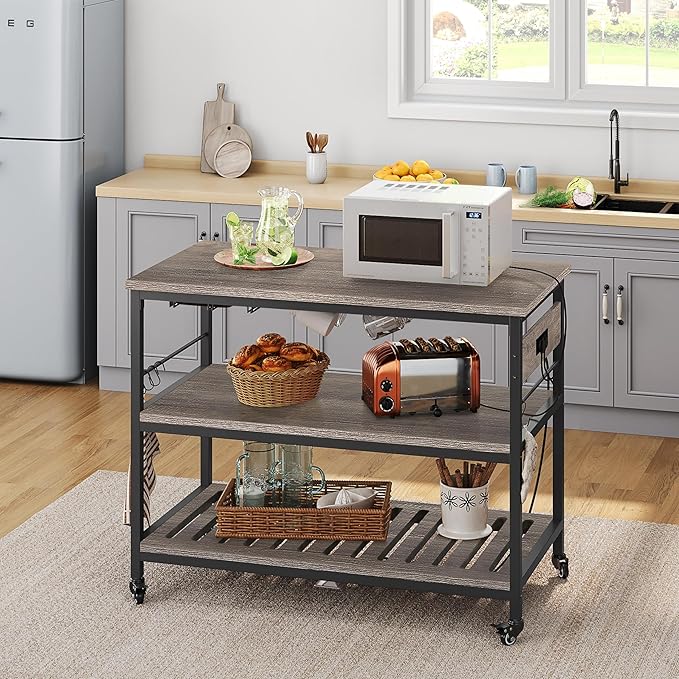Yaheetech Kitchen Cart with Power Outlet, Rolling Kitchen Island on Wheels with Glass Holder & Hooks, Utility Trolley Cart Coffee Bar Microwave Stand Cart with Lockable Casters, Taupe Wood - LeafyLoom