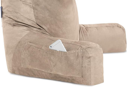 Husband Pillow XXL Aspen Edition, Adult Reading Sit Up Bed Rest Pillow for Bed with Arms & Neck Roll on Bungee Cord - Premium Memory Foam - Reversible 2 Sided Cover Micro Suede or Plush, Cowboy Taupe - LeafyLoom